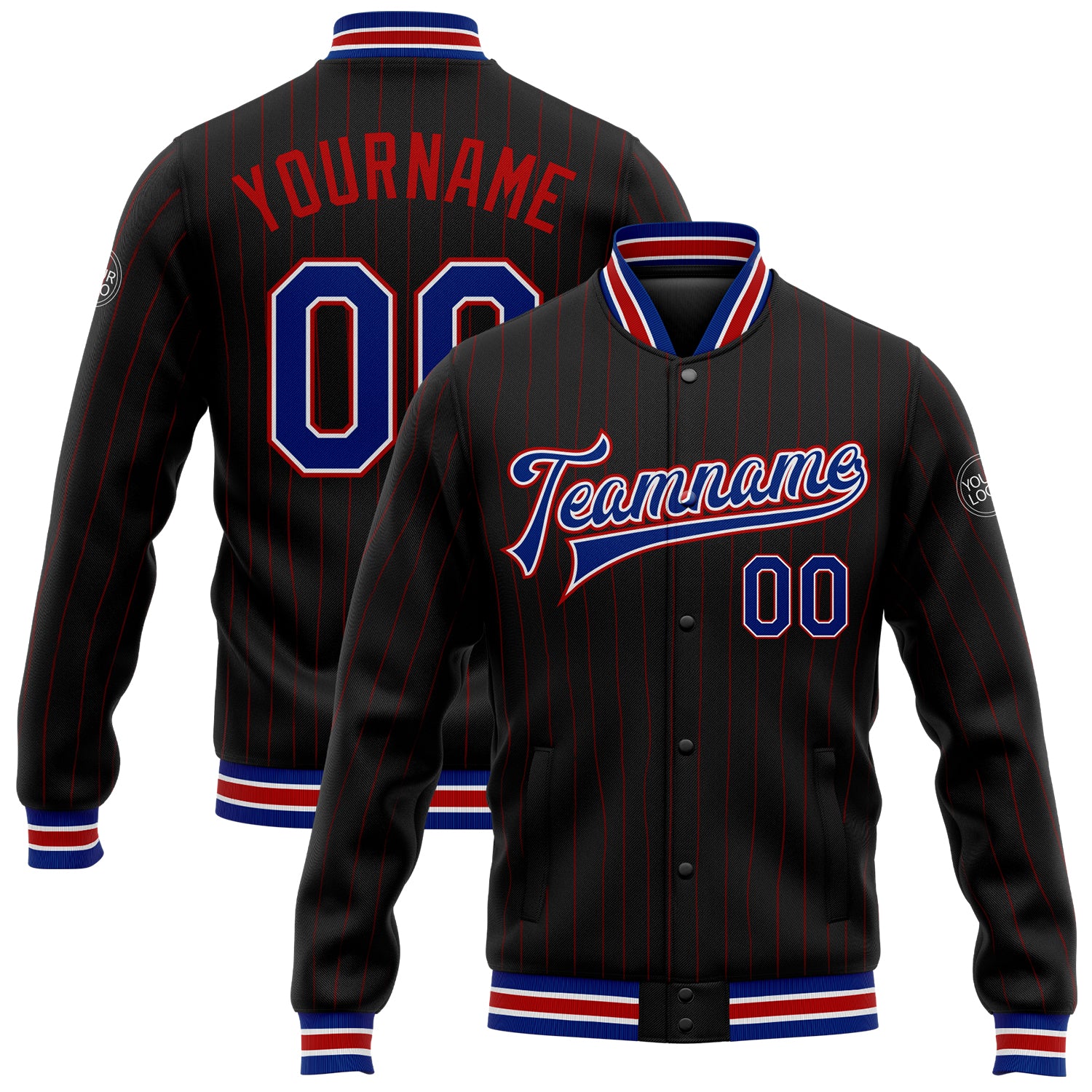 Custom Name and Number Varsity Letterman Jacket Black Red Pinstripe Bomber Royal-White Full-Snap Personalized Black Red Pinstripe