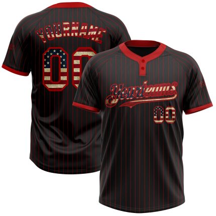Personalized Vintage USA Flag Two-Button Unisex Softball Jersey - Black Red Pinstripe Design Personalized Black Red Pinstripe