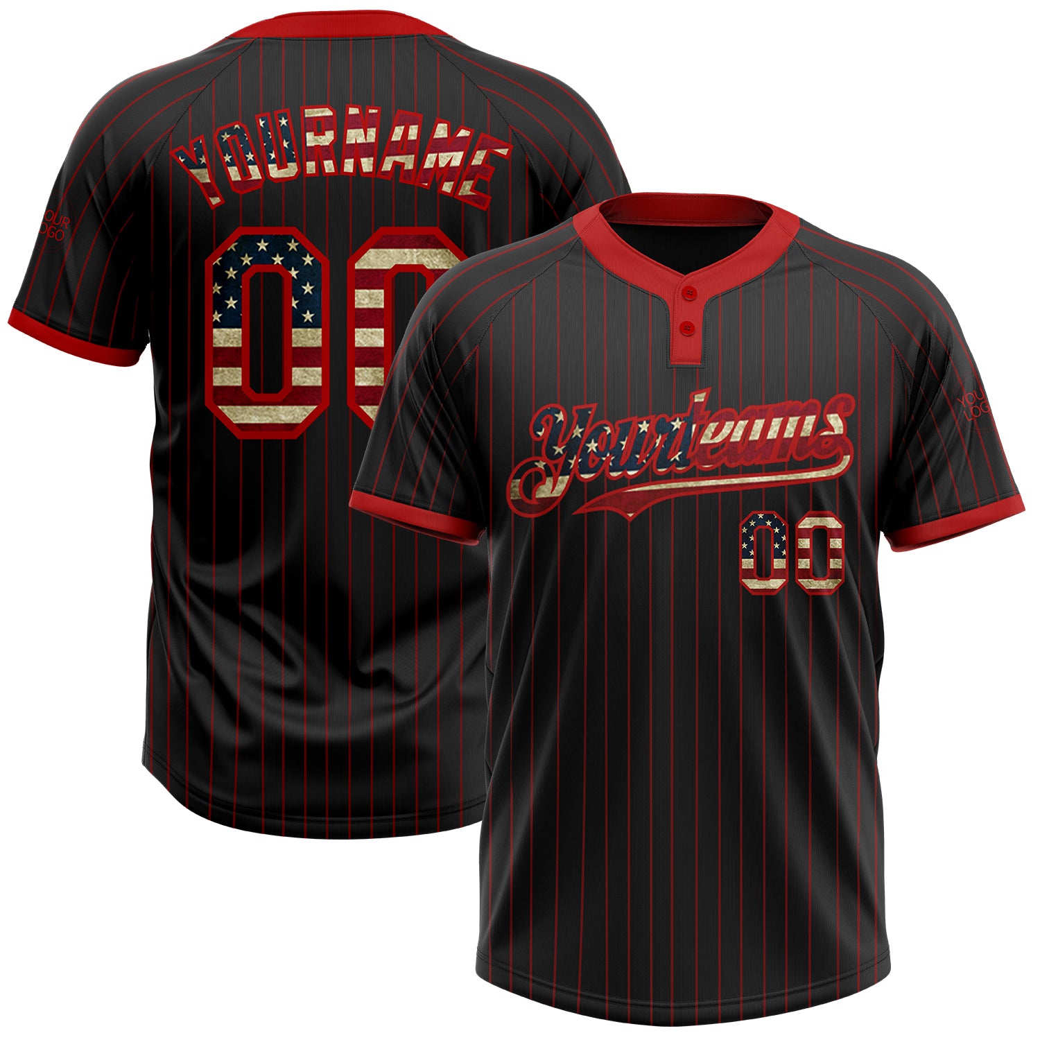 Custom Name Number Vintage USA Flag Black Red Pinstripe Softball Jersey Unisex Two-Button Personalized Black Red Pinstripe