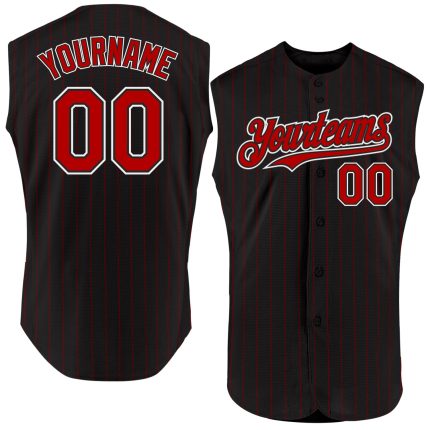 Personalized Authentic Black Red Pinstripe Sleeveless Baseball Jersey Personalized Black Red Pinstripe White Authentic Sleeveless