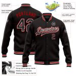 Custom Team Name Number Black Red Pinstripe White Varsity Bomber Full-Snap Letterman Jacket Personalized Black Red Pinstripe
