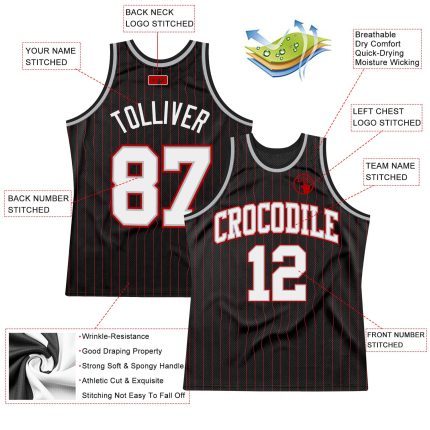 Personalized Basketball Jersey Black Red Pinstripe Gray Red Style for Men Personalized Black Red Pinstripe White Gray-Red