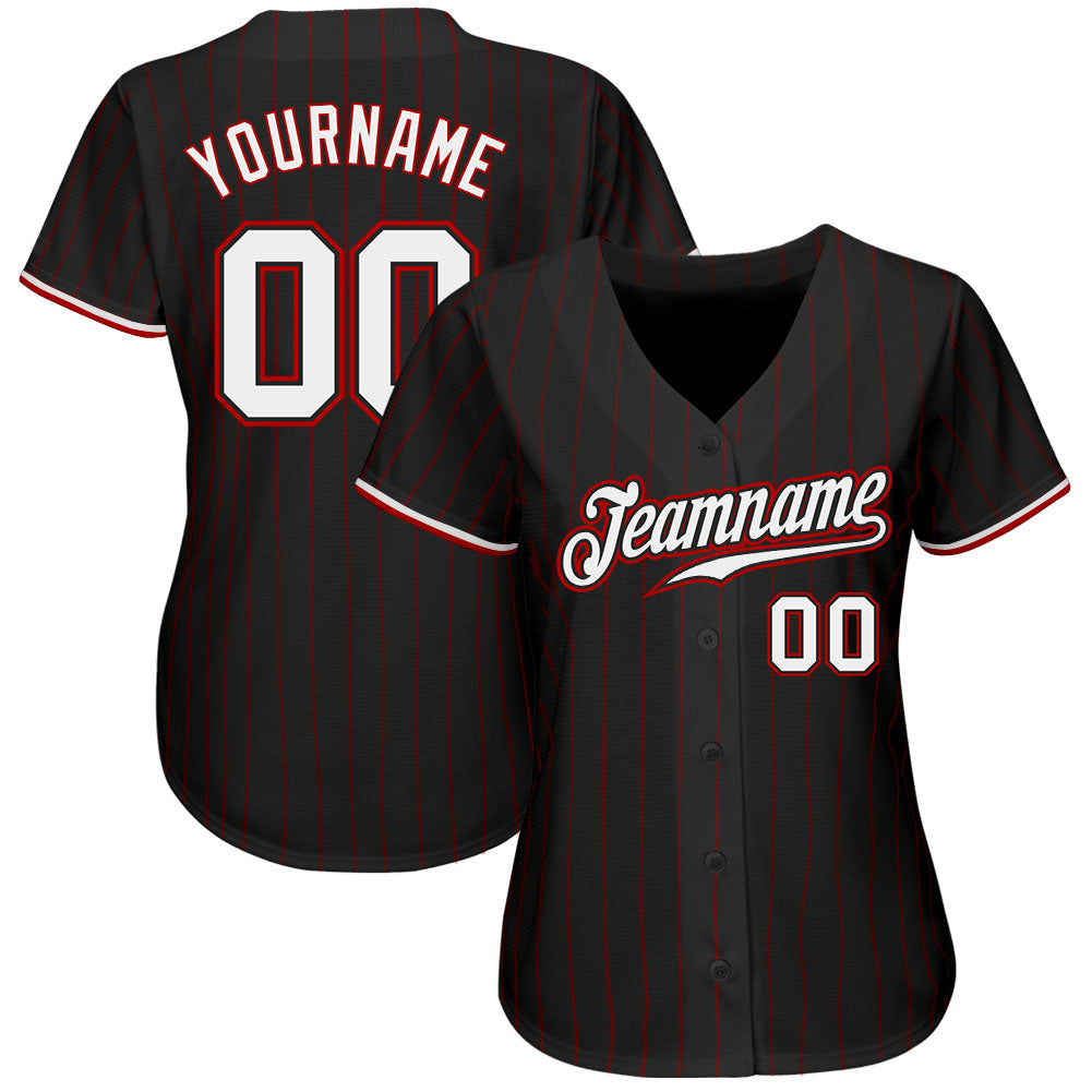 Customizable Black Red Pinstripe Baseball Jersey for Men and Women Personalized Black Red Pinstripe White-Red Baseball Jersey - Image 2