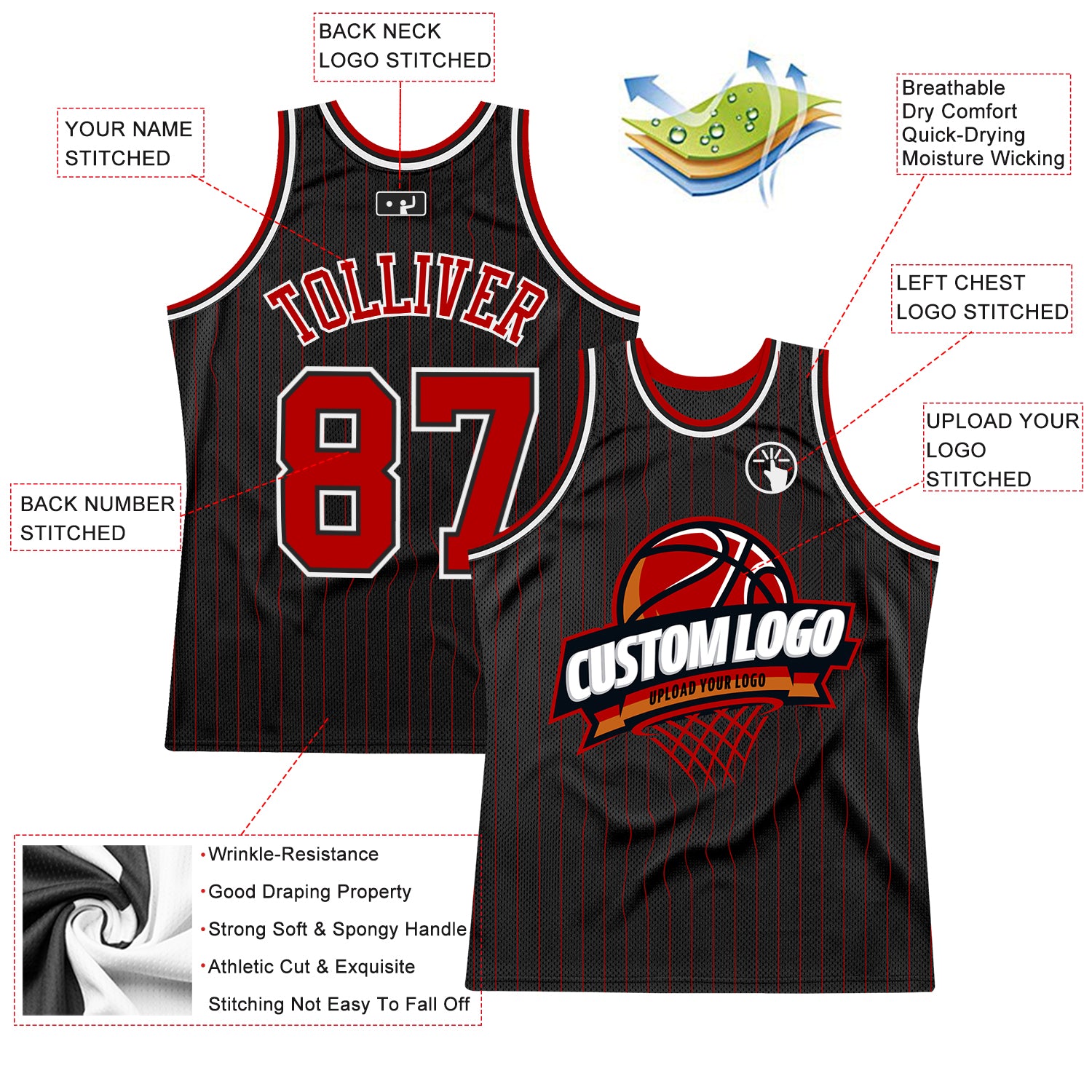 Personalized Black Red Pinstripe Basketball Jersey - Throwback Style Jersey Personalized Black Red Pinstripe White Throwback - Image 2