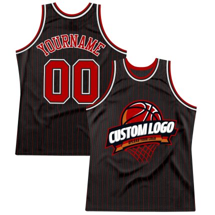 Personalized Black Red Pinstripe Basketball Jersey - Throwback Style Jersey Personalized Black Red Pinstripe White Throwback