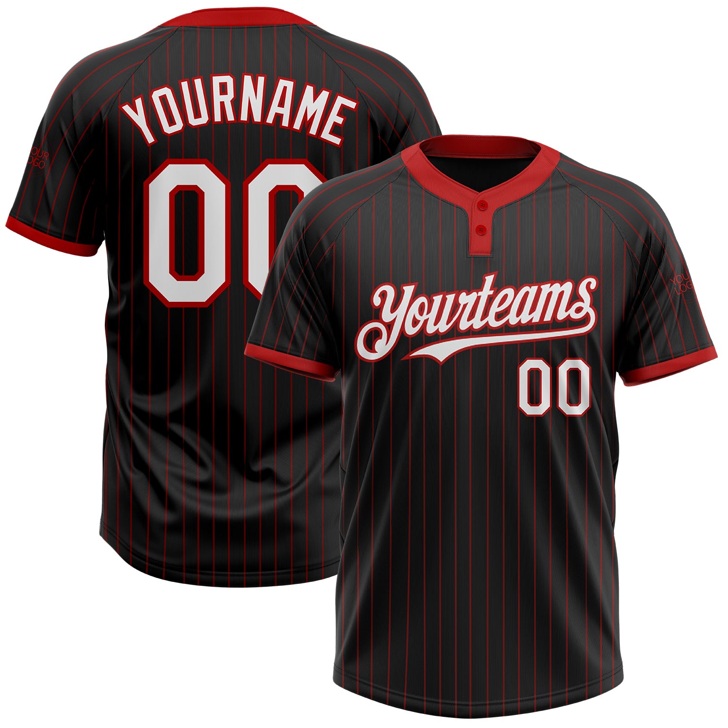 Custom Name and Number Unisex Softball Jersey - Personalized Black Red Pinstripe Two-Button Design Personalized Black Red