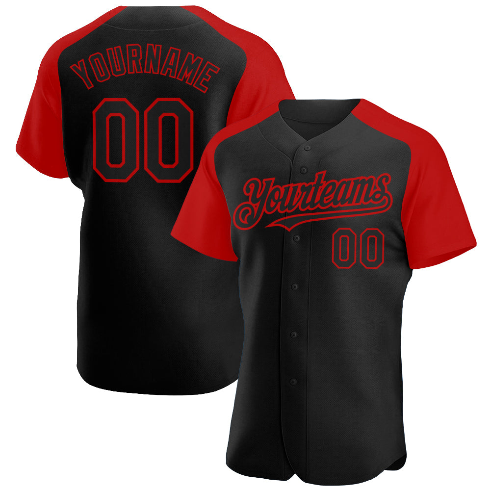 Personalized Baseball Jersey with Black and Red Raglan Sleeves, Custom Design Personalized Black Red Raglan Sleeves Baseball