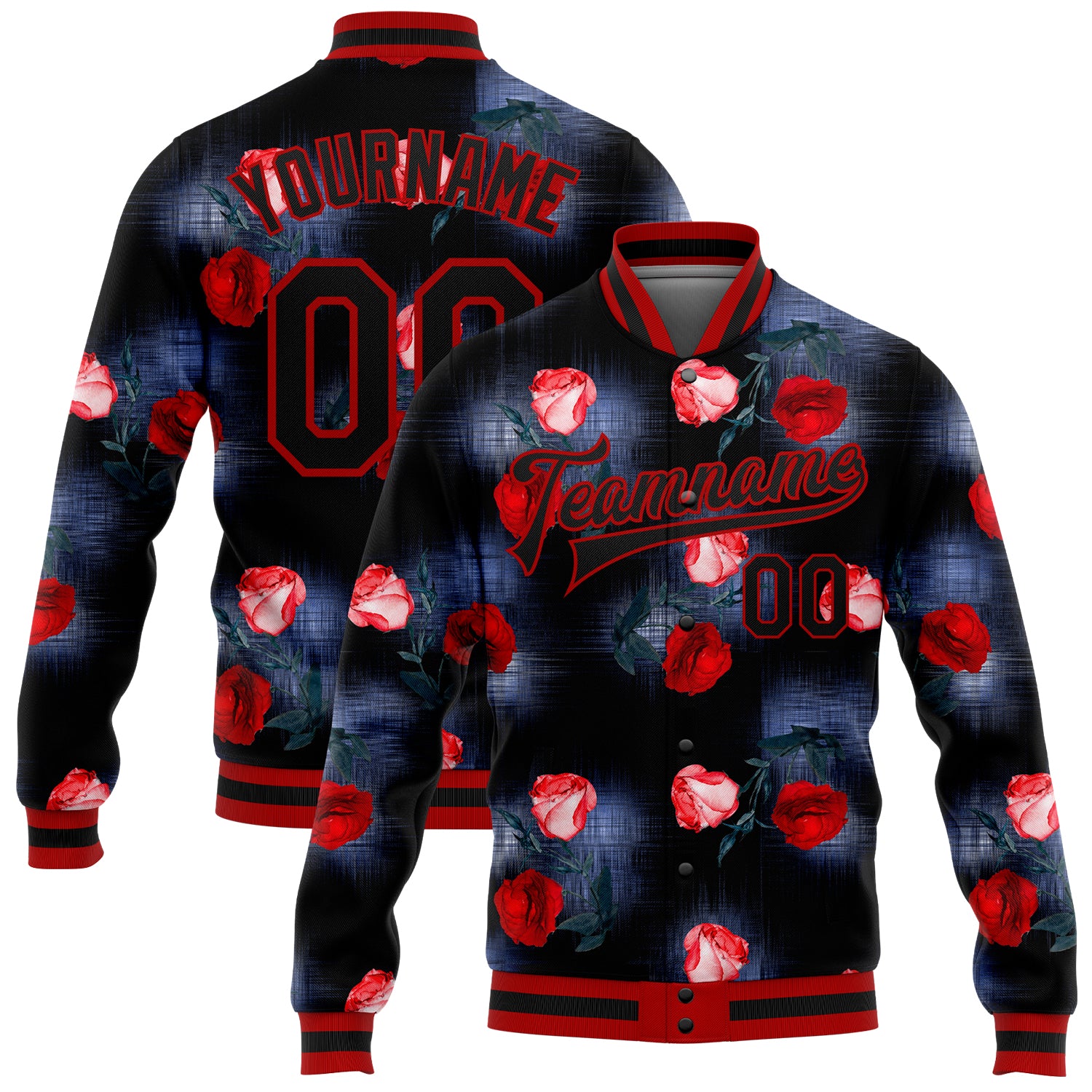 Personalized 3D Black Red Rose Varsity Bomber Jacket Full-Snap Letterman Personalized Black Red Rose 3D Bomber Full-Snap