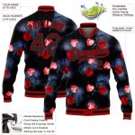 Custom Personalized Varsity Letterman Jacket with 3D Black Red Rose Design - Full-Snap Bomber, Team Name and Number Personalized