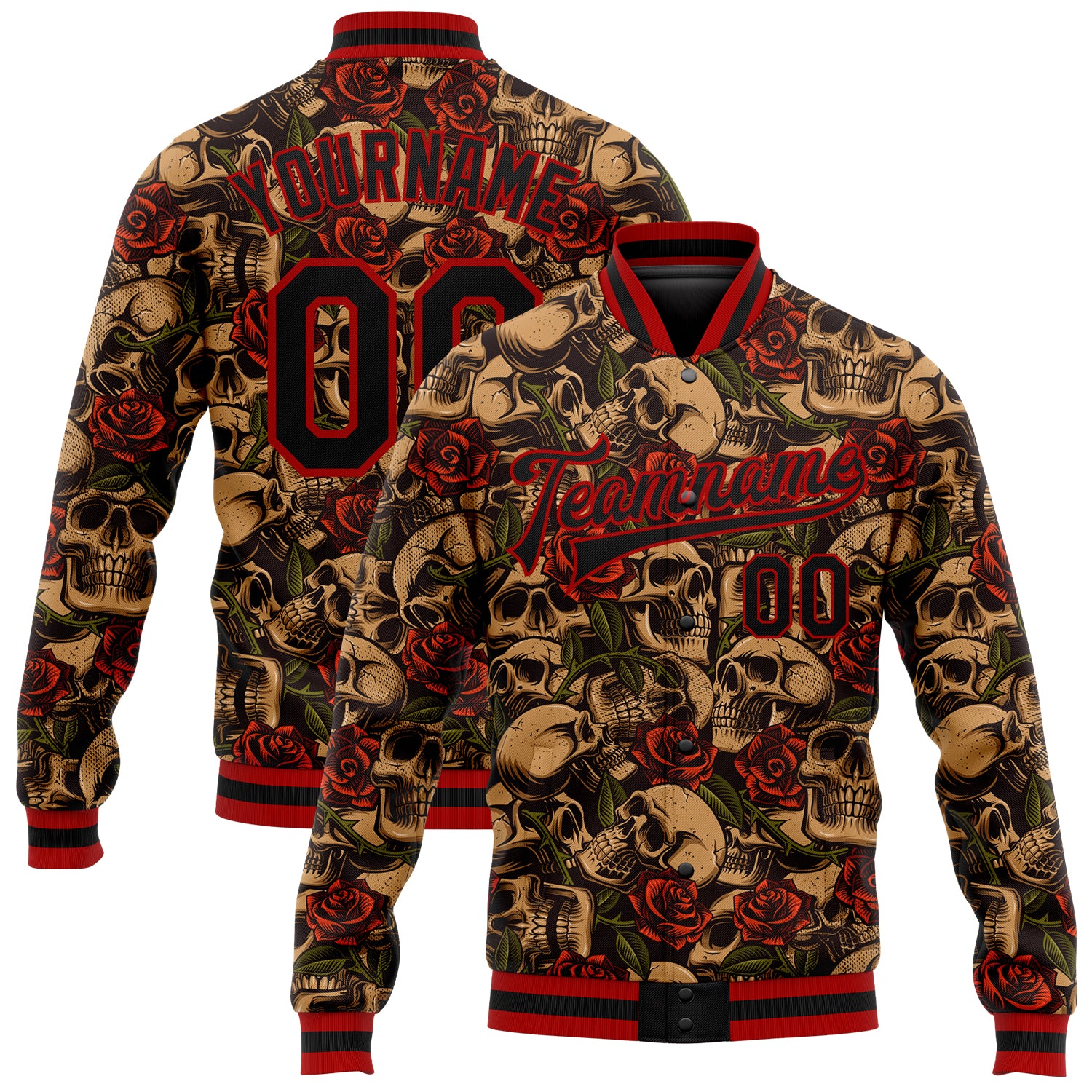 Custom Name Number 3D Skull Rose Black Red Bomber Varsity Jacket Full-Snap Fashion Team Apparel Personalized Black Red Rose
