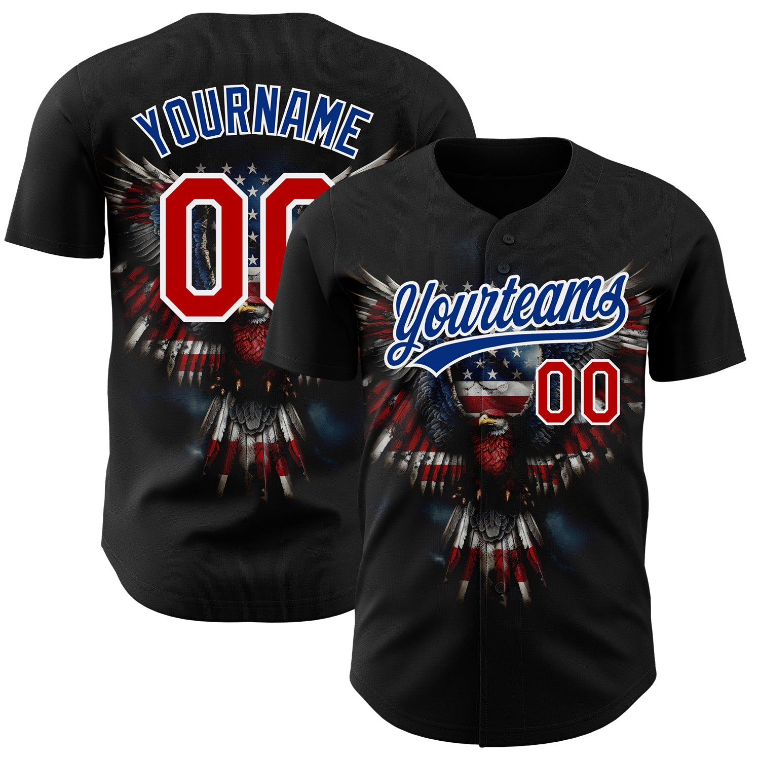 Custom Name Number 3D American Flag Eagle Baseball Jersey - Personalized Black Red-Royal Patriotic Team Apparel Personalized
