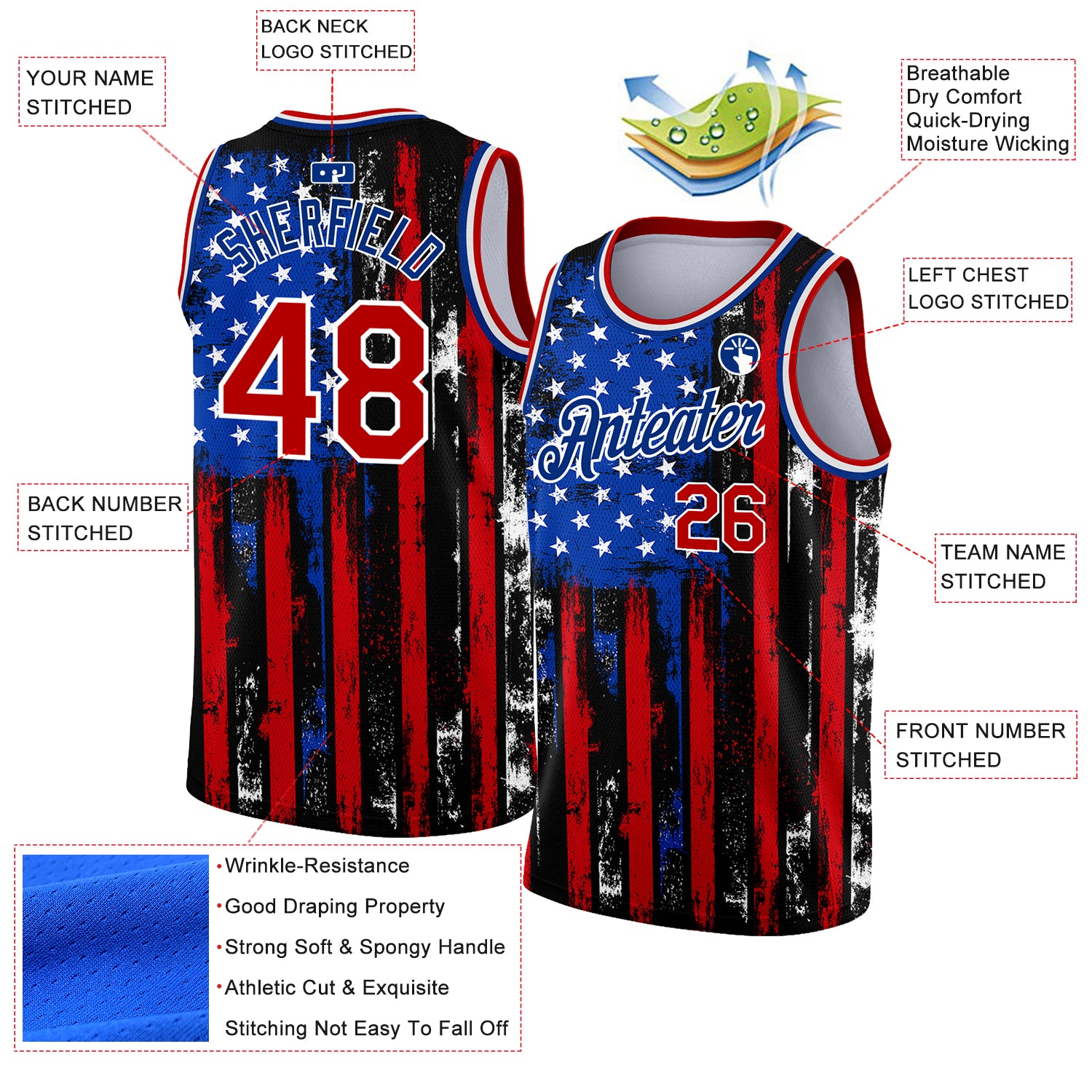 Personalized 3D American Flag Basketball Jersey in Black, Red, and Royal Colors Personalized Black Red-Royal 3D American - Image 2