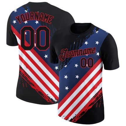 Personalized 3D American Flag Performance T-Shirt - Black Red-Royal Patriotic Design Personalized Black Red-Royal 3D American