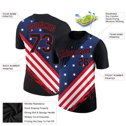 Personalized 3D American Flag Performance T-Shirt - Black Red-Royal Patriotic Design Personalized Black Red-Royal 3D American