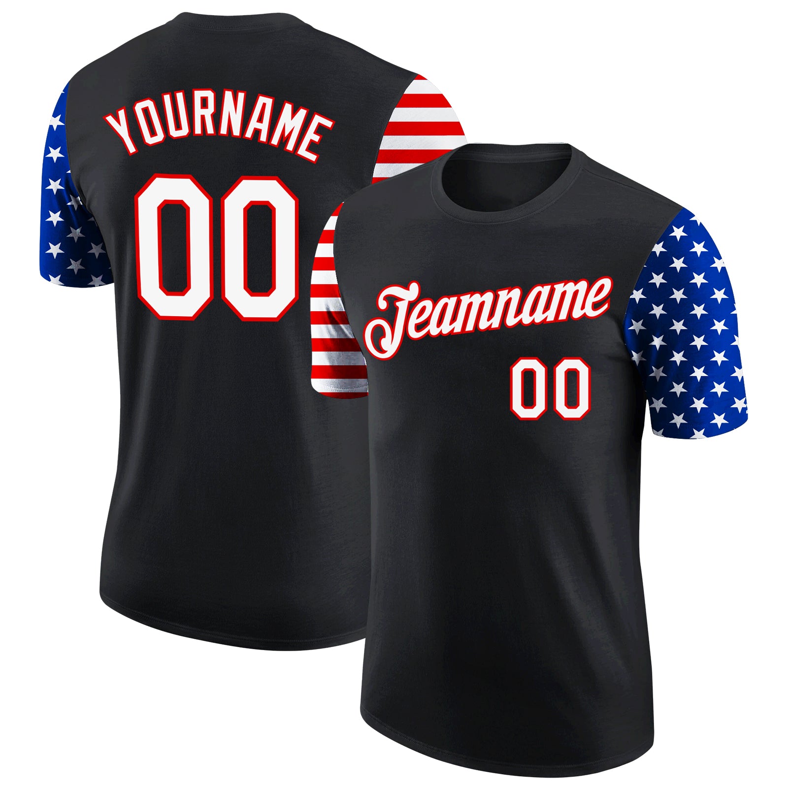 Personalized 3D American Flag Performance T-Shirt for Team, Custom Name and Number, Black Red-Royal Design Personalized Black