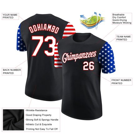 Personalized 3D American Flag Patriotic T-Shirt in Black and Red-Royal - Performance Wear Personalized Black Red-Royal 3D