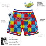 Personalized Autism Awareness Basketball Shorts with Black Red-Royal 3D Puzzle Pieces Design Personalized Black Red-Royal