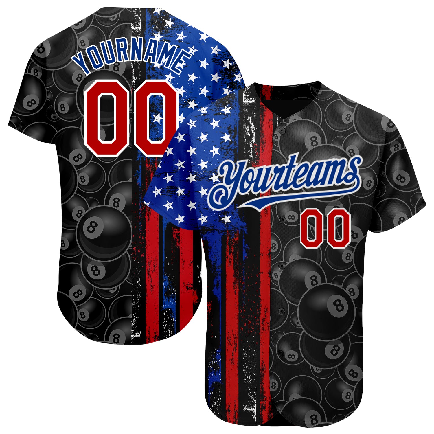 Personalized 3D Billiards Snooker 8 Ball Jersey in Black Red-Royal with American Flag Design Personalized Black Red-Royal