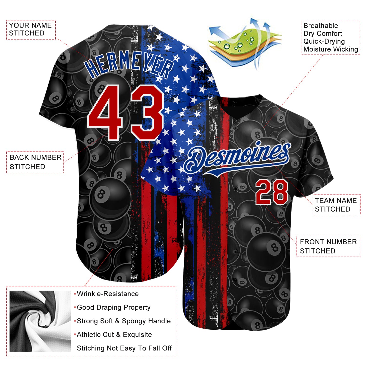 Personalized 3D Billiards Snooker 8 Ball Jersey in Black Red-Royal with American Flag Design Personalized Black Red-Royal - Image 3