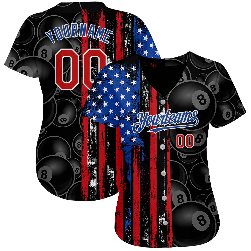 Personalized 3D Billiards Snooker 8 Ball Jersey in Black Red-Royal with American Flag Design Personalized Black Red-Royal - Image 2