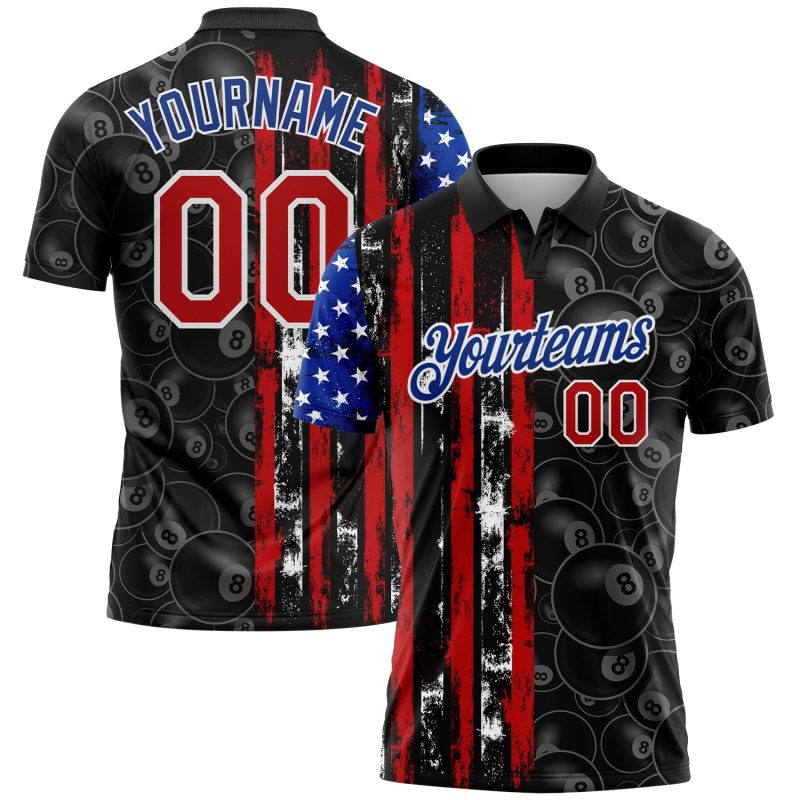 Personalized American Flag 3D Billiards Snooker Polo Shirt in Black Red-Royal Personalized Black Red-Royal 3D Billiards Snooker