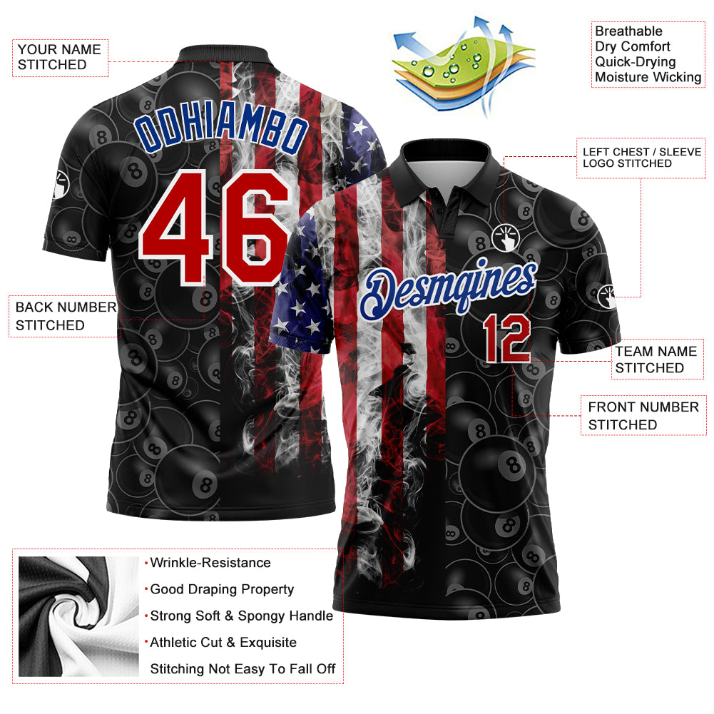 Personalized 3D American Flag Polo Shirt for Billiards Snooker Players - Black Red-Royal Design Personalized Black Red-Royal - Image 3