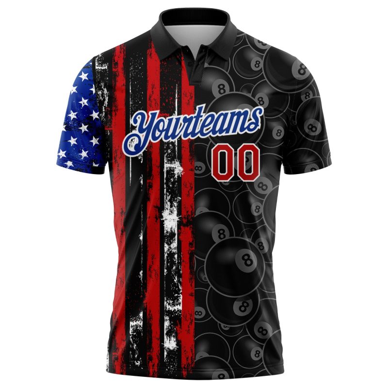 Personalized American Flag 3D Billiards Snooker Polo Shirt in Black Red-Royal Personalized Black Red-Royal 3D Billiards Snooker