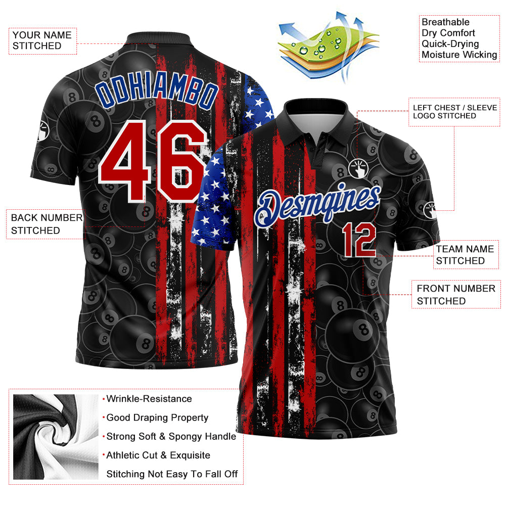 Personalized American Flag 3D Billiards Snooker Polo Shirt in Black Red-Royal Personalized Black Red-Royal 3D Billiards Snooker - Image 3