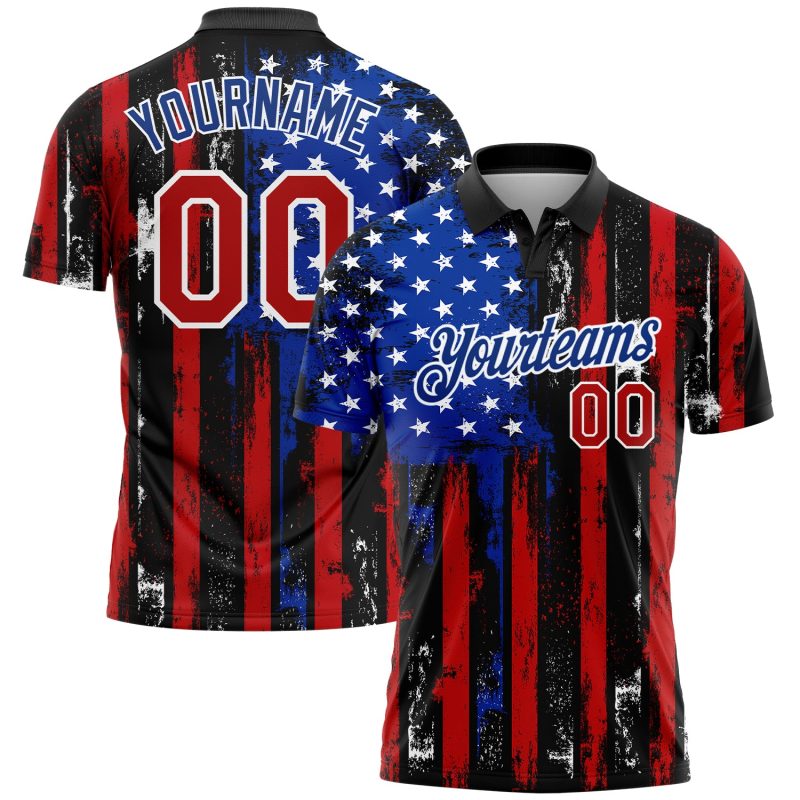 Personalized 3D Distressed American Flag Golf Polo Shirt - Black and Red-Royal Performance Wear Personalized Black Red-Royal