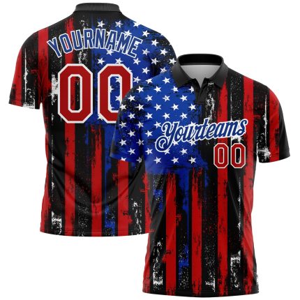 Custom American Flag Golf Polo Shirt - 3D Distressed Black Red-Royal Performance with Team Name & Number Personalized Black