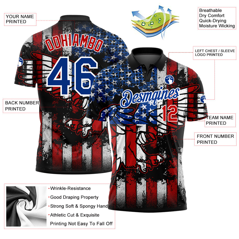 Personalized 3D Eagle American Flag Golf Polo Shirt - Black Red-Royal Performance Apparel Personalized Black Red-Royal 3D - Image 3