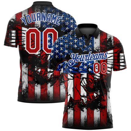 Personalized 3D Eagle American Flag Golf Polo Shirt - Black Red-Royal Performance Apparel Personalized Black Red-Royal 3D