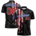 Personalized 3D American Flag Golf Polo Shirt Black Red-Royal Performance Mens Golf Shirt Personalized Black Red-Royal 3D