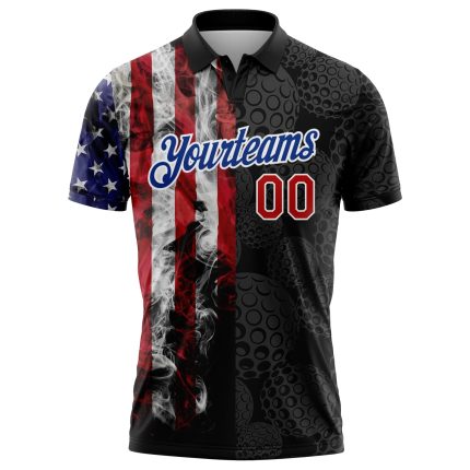 Personalized 3D American Flag Golf Polo Shirt Black Red-Royal Performance Mens Golf Shirt Personalized Black Red-Royal 3D