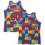 Autism Awareness Custom Basketball Jersey with 3D Puzzle Pattern, Personalized Name & Number, Black Red-Royal Design Personalized