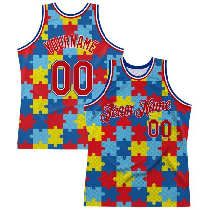 Autism Awareness Custom Basketball Jersey with 3D Puzzle Pattern, Personalized Name & Number, Black Red-Royal Design Personalized