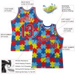 Autism Awareness Custom Basketball Jersey with 3D Puzzle Pattern, Personalized Name & Number, Black Red-Royal Design Personalized