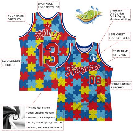 Autism Awareness Custom Basketball Jersey with 3D Puzzle Pattern, Personalized Name & Number, Black Red-Royal Design Personalized