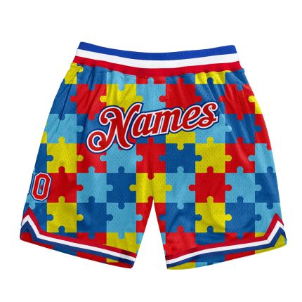 Autism Awareness Custom Name Number Basketball Shorts Personalized 3D Puzzle Pieces Black Red-Royal Design Team Apparel Personalized