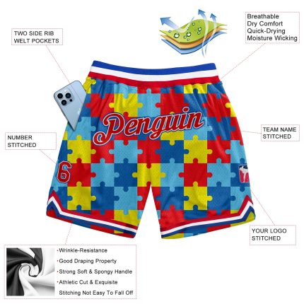 Autism Awareness Custom Name Number Basketball Shorts Personalized 3D Puzzle Pieces Black Red-Royal Design Team Apparel Personalized