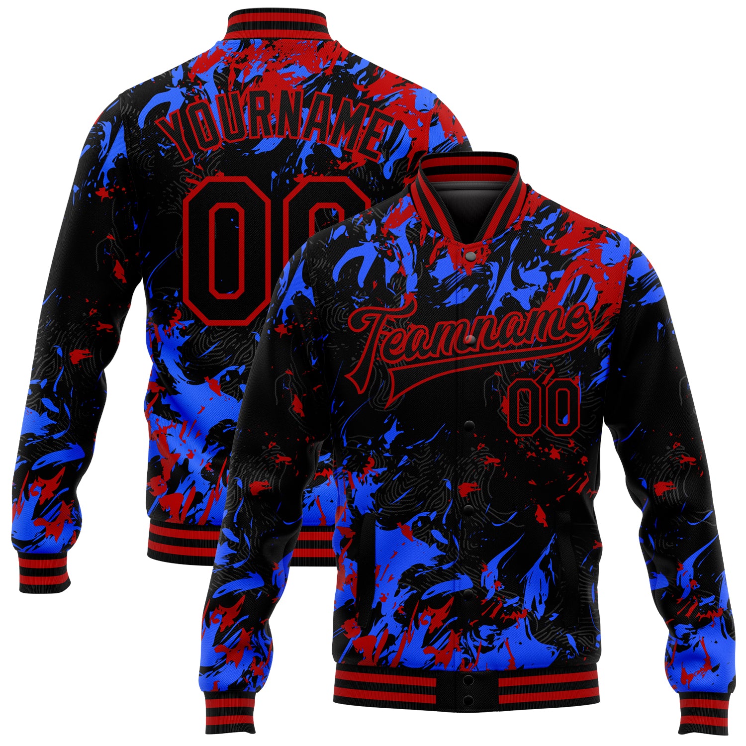 Custom Name Number Varsity Letterman Jacket Personalized Black Red-Royal 3D Pattern Design Full-Snap Bomber Personalized