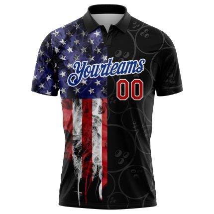 Personalized American Flag Polo Shirt in Black Red-Royal 3D Pattern - Performance Bowling Ball Design Personalized Black