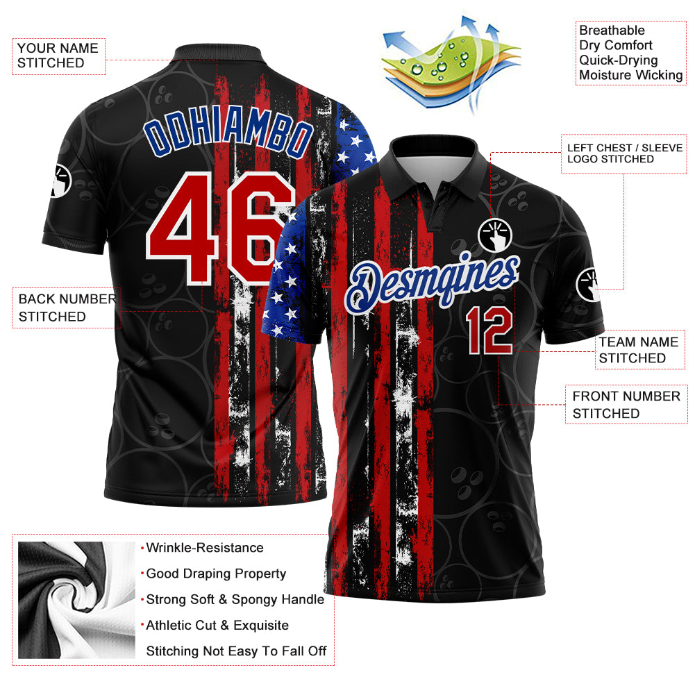 Personalized Black Red-Royal 3D Pattern Design Bowling Ball American Flag Performance Polo Shirt Team Custom Name and Number Custom American Flag 3D Pattern Performance Polo Shirt, Personalized Black Red-Royal with Team Name and Number Personalized - Image 3