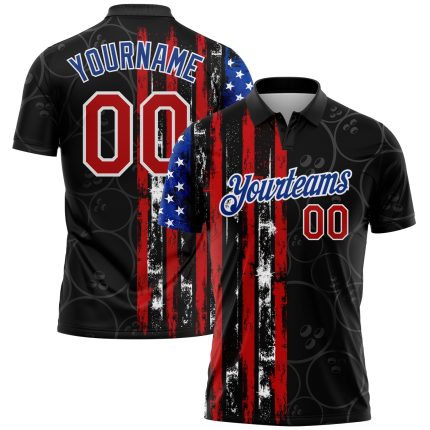 Custom American Flag 3D Pattern Performance Polo Shirt, Personalized Black Red-Royal with Team Name and Number Personalized