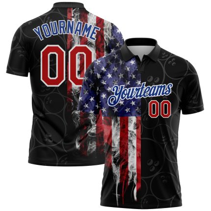 Personalized American Flag Polo Shirt in Black Red-Royal 3D Pattern - Performance Bowling Ball Design Personalized Black