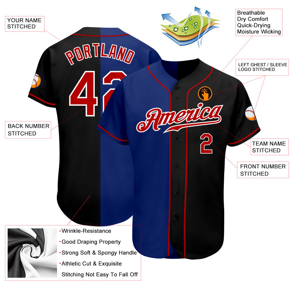 Personalized Black Red-Royal Authentic Split Fashion Baseball Jersey Team Custom Name and Number Custom Name and Number Baseball Jersey - Personalized Black Red-Royal Split Fashion Team Design Personalized Black Red-Royal - Image 3