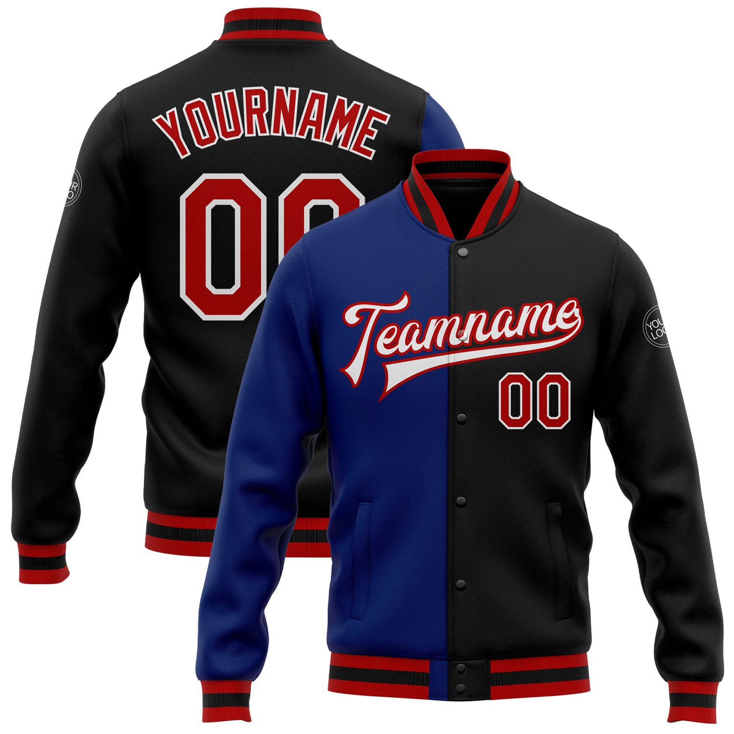 Custom Name Number Varsity Letterman Bomber Jacket Black Red-Royal Fashion Split Full-Snap Team Jacket Personalized Black
