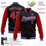 Personalized Two-Tone Bomber Jacket for Men in Black Red-Royal | Full-Snap Varsity Letterman Style Personalized Black Red-Royal