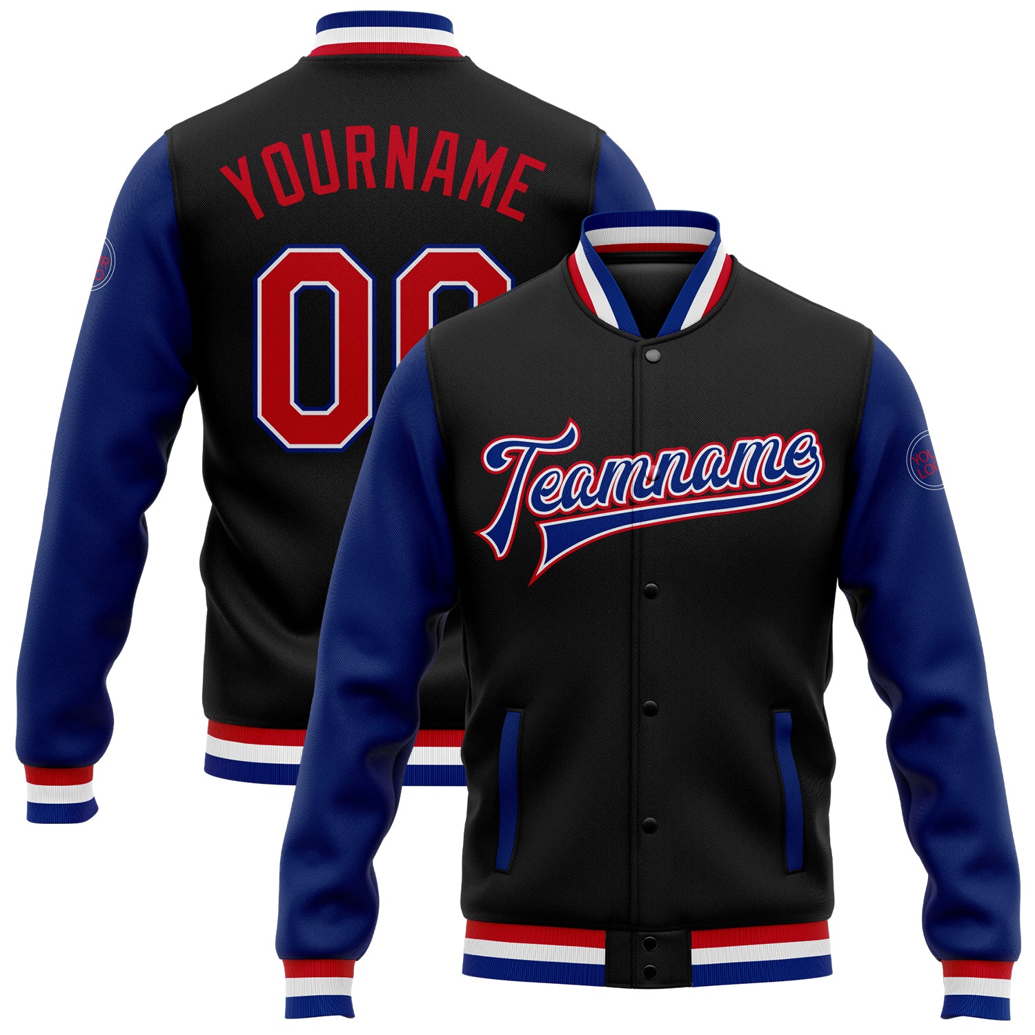 Personalized Two-Tone Black Red-Royal Varsity Bomber Jacket Full-Snap Letterman Personalized Black Red-Royal Bomber Full-Snap