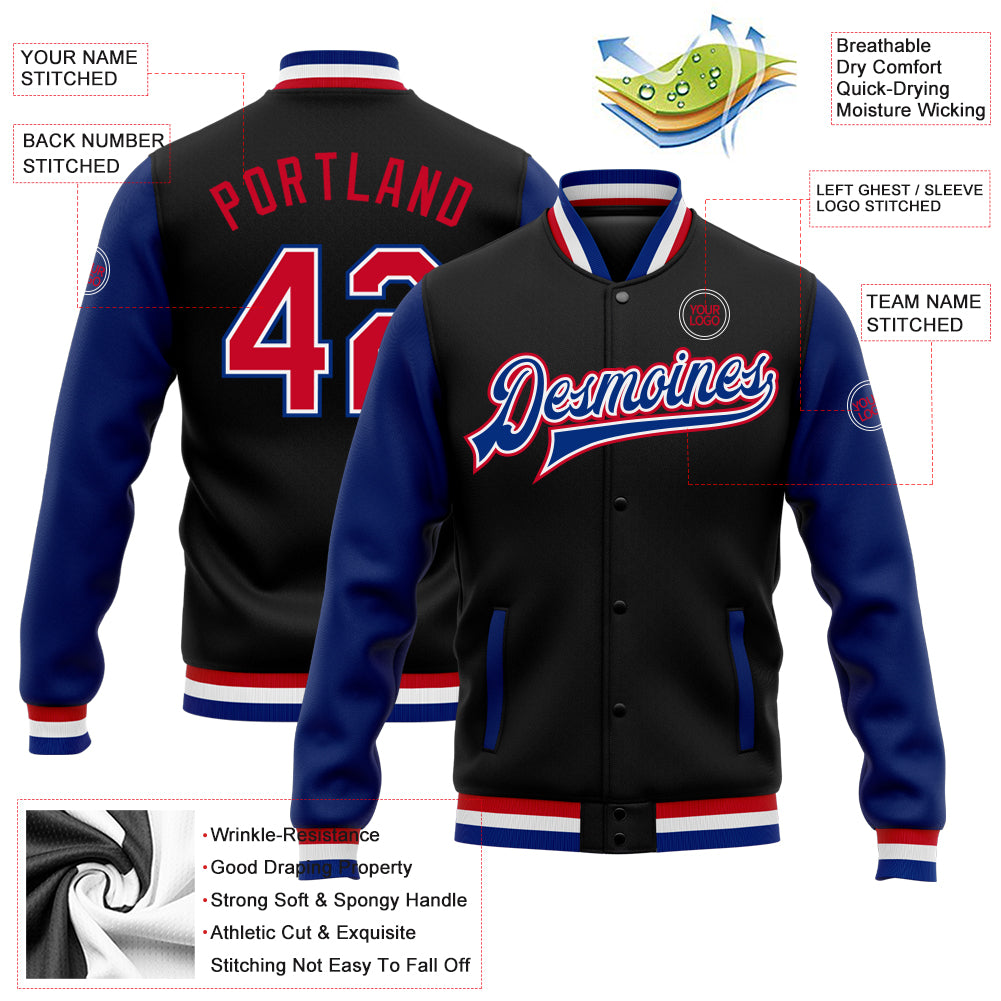 Personalized Two-Tone Black Red-Royal Varsity Bomber Jacket Full-Snap Letterman Personalized Black Red-Royal Bomber Full-Snap - Image 5